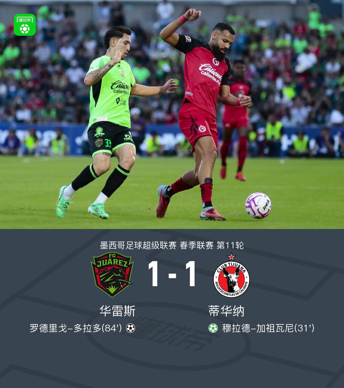 华雷斯1-1蒂华纳，加祖瓦尼点射，罗德里戈-多拉多救主
